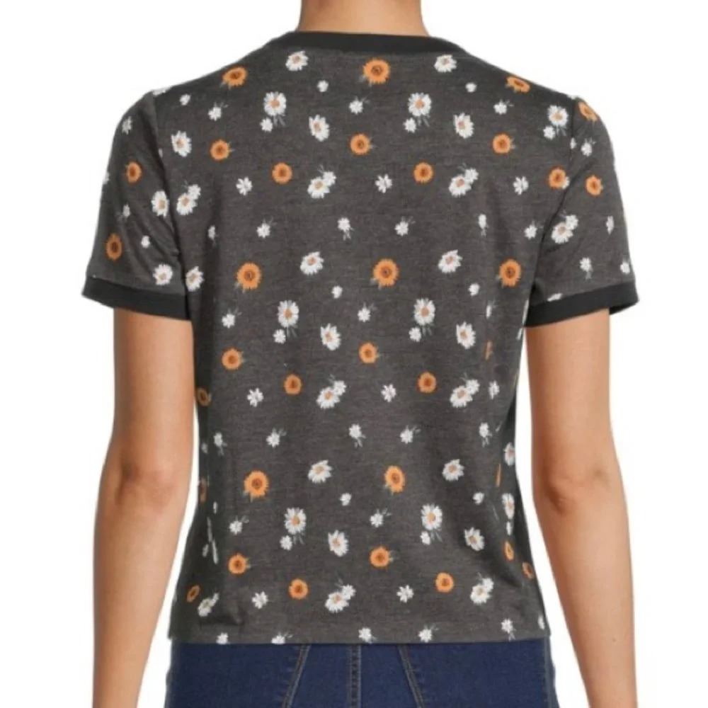 Floral Ringer Tee Charcoal Short Sleeve Girls Juniors Crop Large (11-13) NEW - Picture 2 of 16